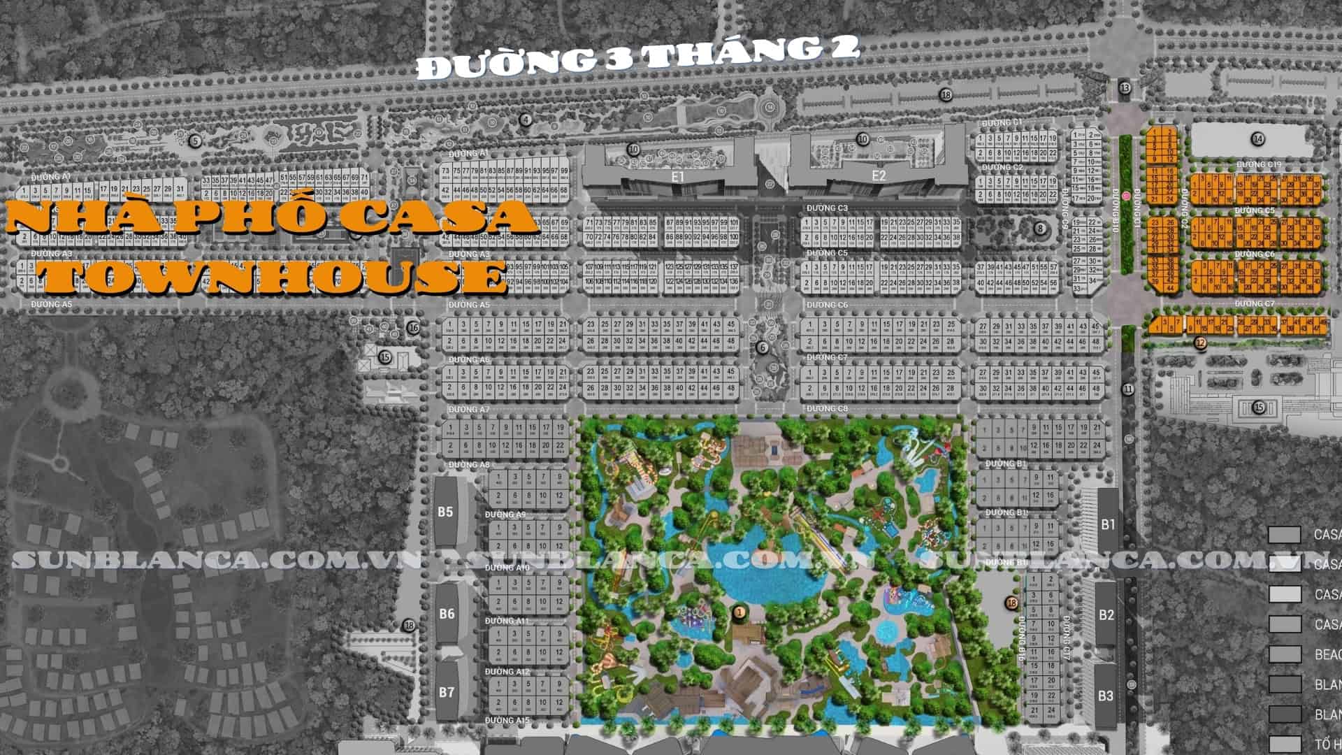 Một góc nhìn khác về vị trí nhà phố Casa Townhouse trên mặt bằng tổng thể.