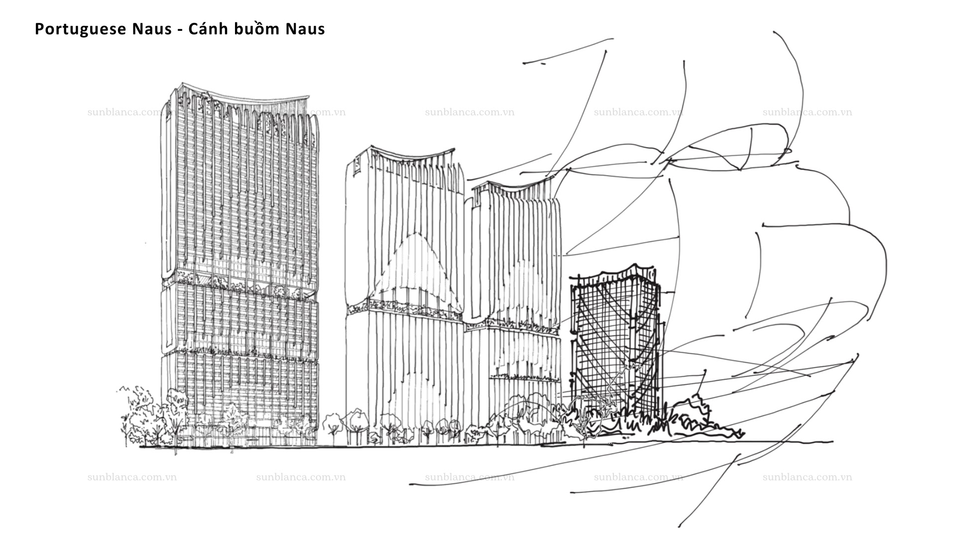 Cảm hứng thiết kế cánh buồm Portuguese Naus cụm tháp căn hộ B1 B2 B3 Blanca Tower
