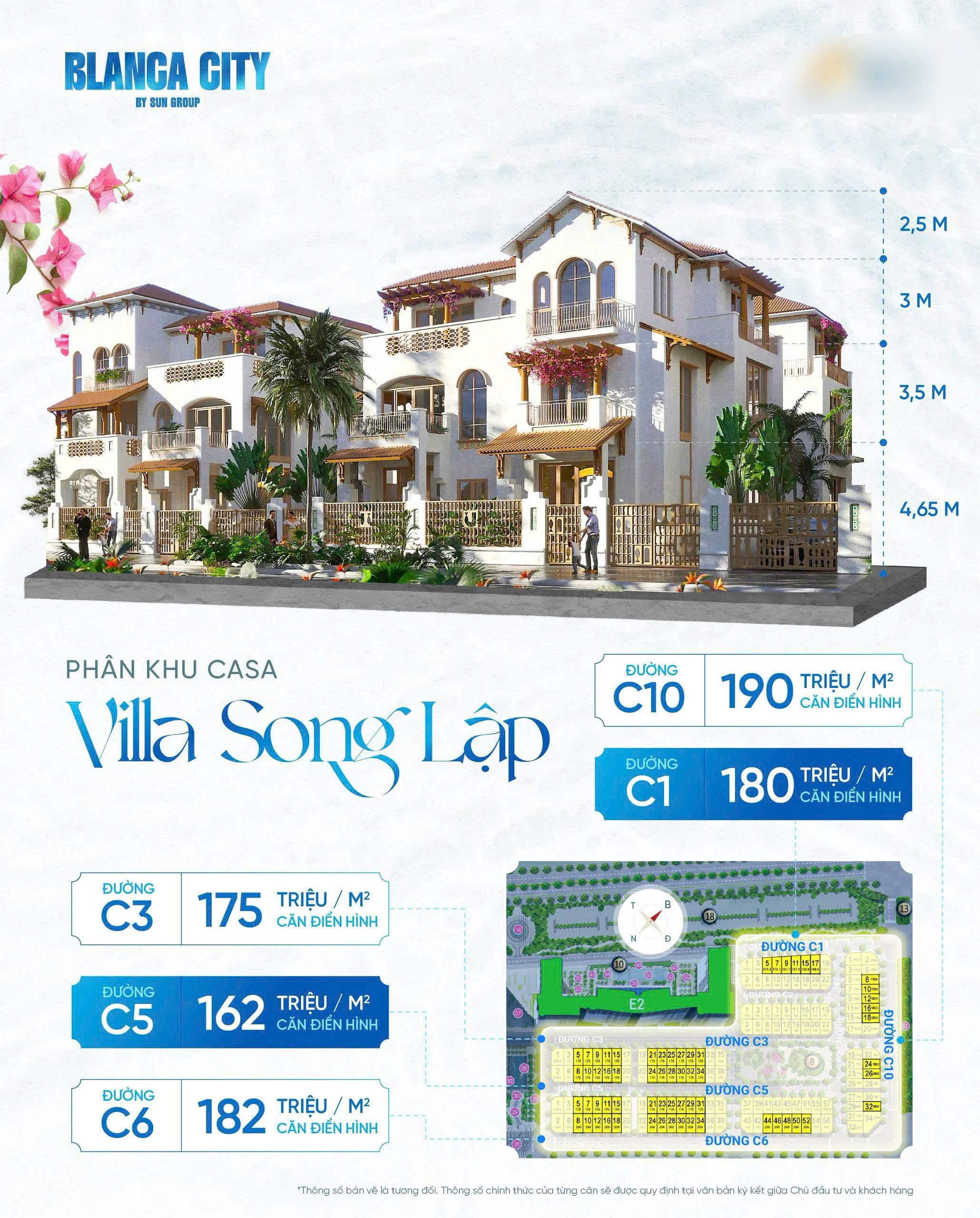 Bảng đơn giá tham khảo cho các sản phẩm biệt thự Casa Song Lập.