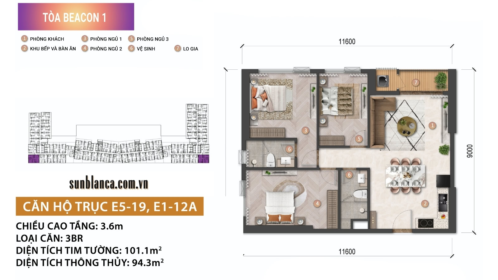 Layout 3PN tiêu chuẩn Beacon Tower Bản vẽ thiết kế layout mặt bằng căn hộ 3 phòng ngủ tiêu chuẩn tháp Beacon Tower