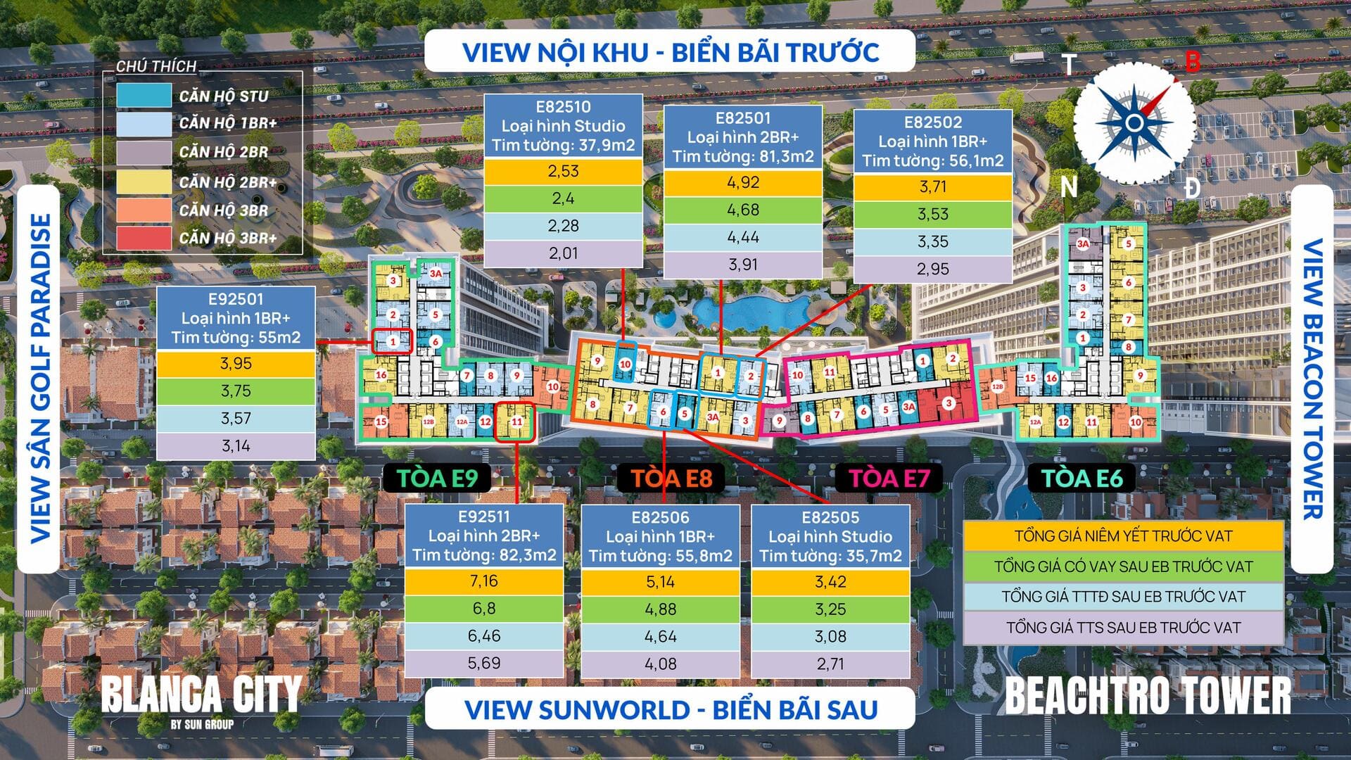 Sơ đồ phân bổ mức giá bán và hướng view căn hộ Beachtro Tower Vũng Tàu