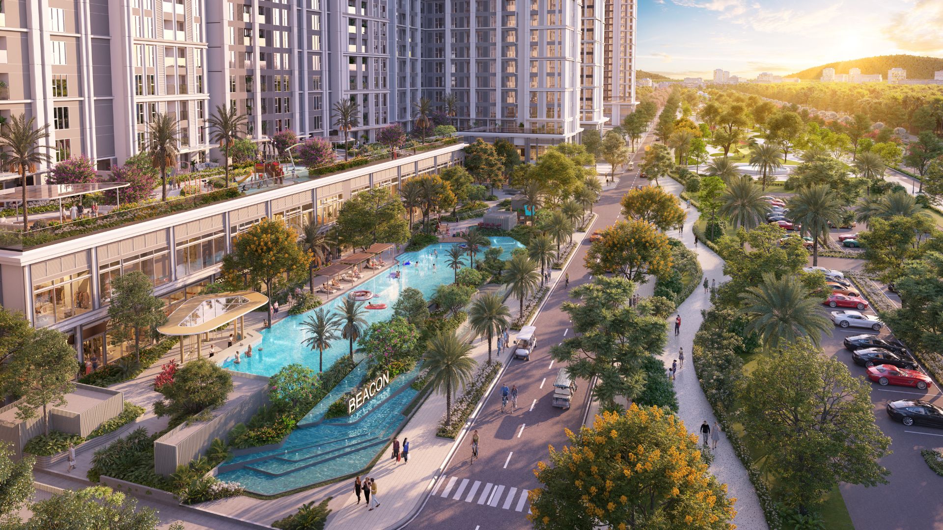 Hồ bơi và sân chơi trẻ em Beacon Tower Khu vực hồ bơi nhiệt đới và sân chơi trẻ em ngoài trời Flexology tại Beacon Tower