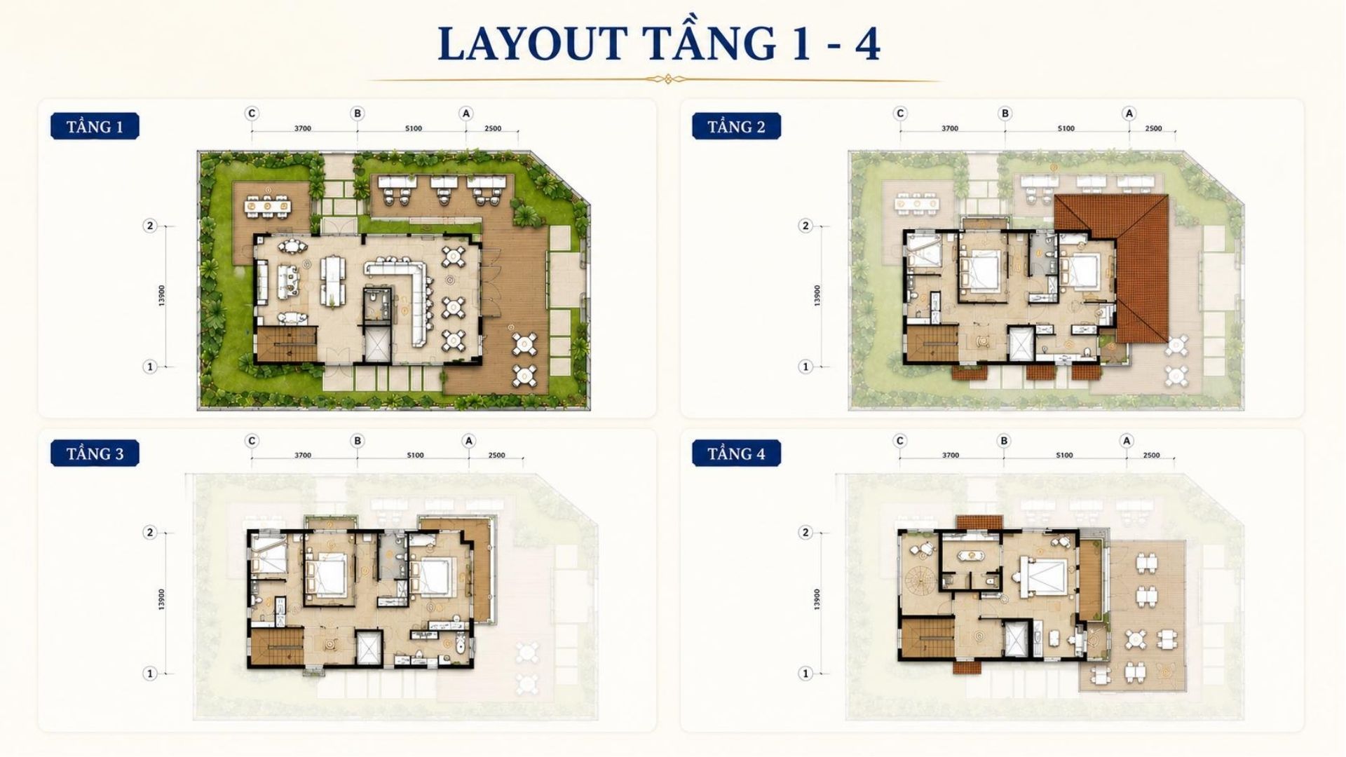 Layout tầng Casa Grand Villa Bản vẽ mặt bằng bố trí tổng thể các tầng Casa Grand Villa