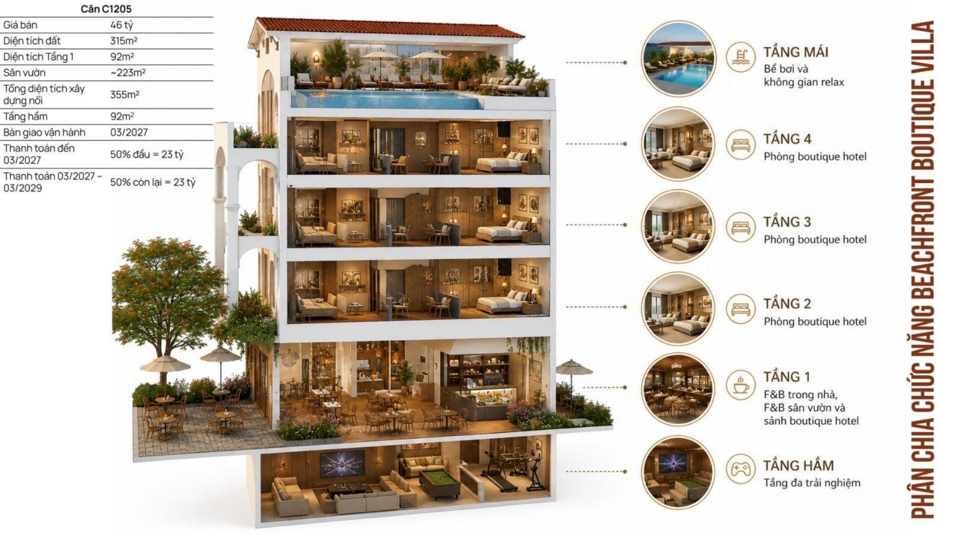 Mặt cắt Casa Grand Villa Bản vẽ mặt cắt bóc tách công năng 4 tầng 1 hầm hồ bơi mái Casa Grand Villa