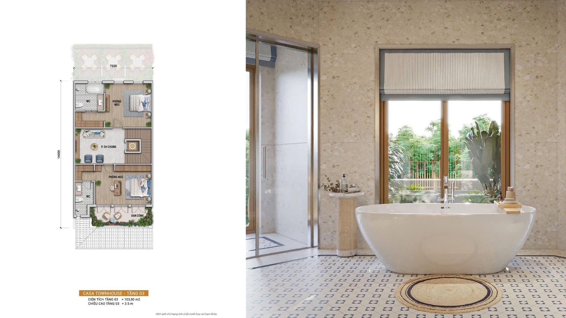 Tầng 3 Casa Townhouse Bản vẽ mặt bằng tầng 3 phòng ngủ master nghỉ dưỡng nhà phố Casa Townhouse