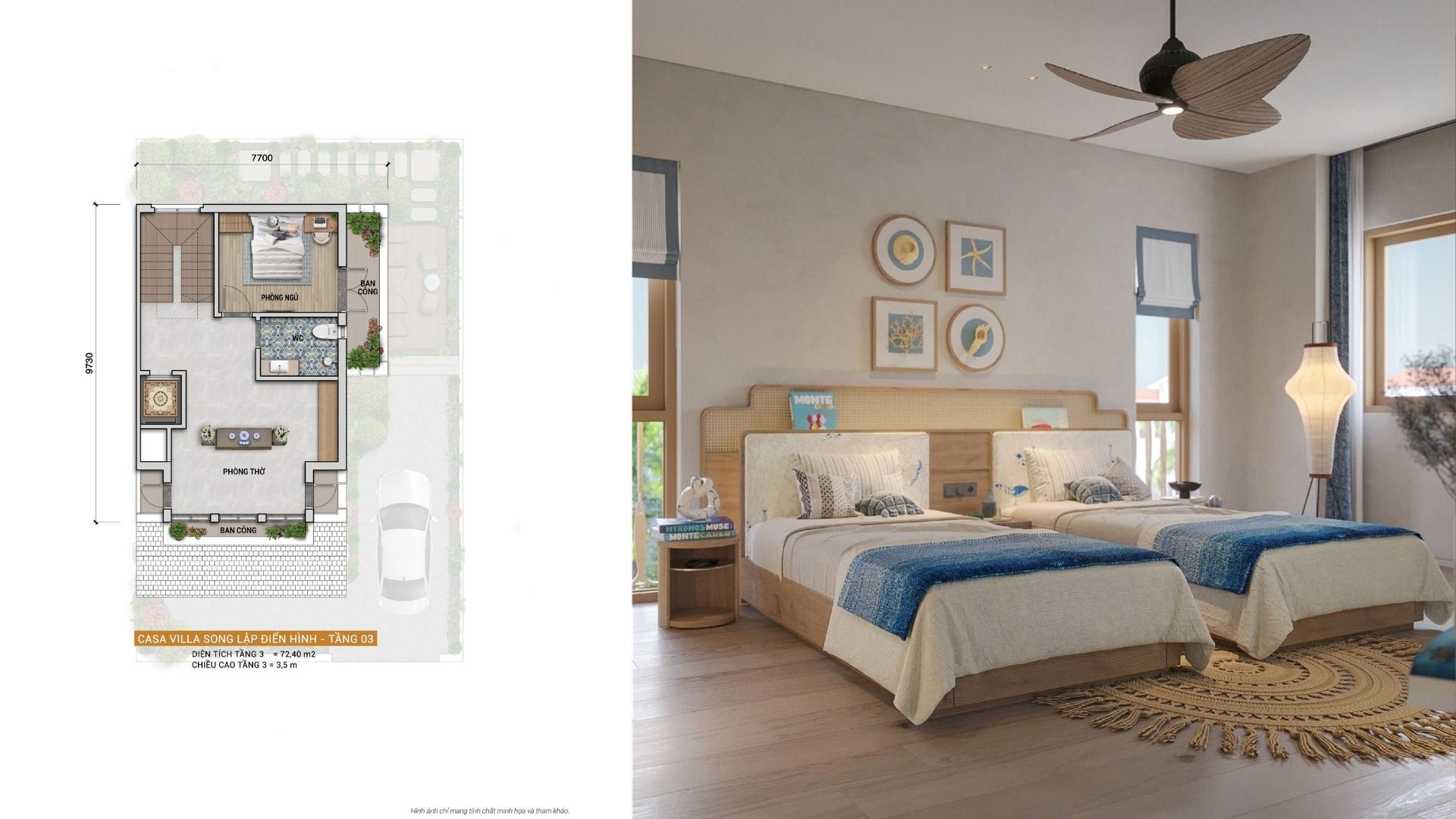 Tầng 3 biệt thự song lập Bản vẽ mặt bằng tầng 3 phòng thờ và sân deck thư giãn biệt thự song lập Casa Villa
