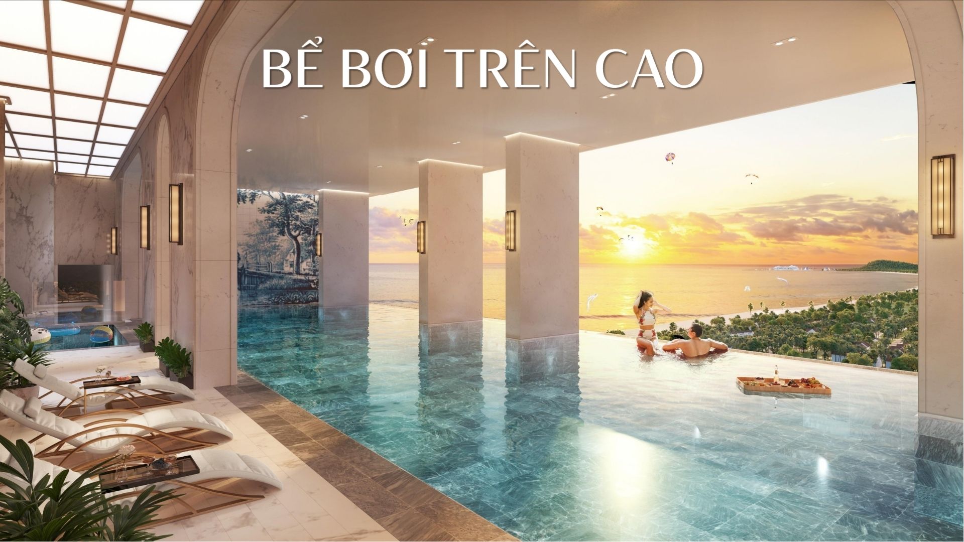 Bể bơi trên cao vách kính tràn viền view biển Bãi Sau tại tháp Blanca Tower