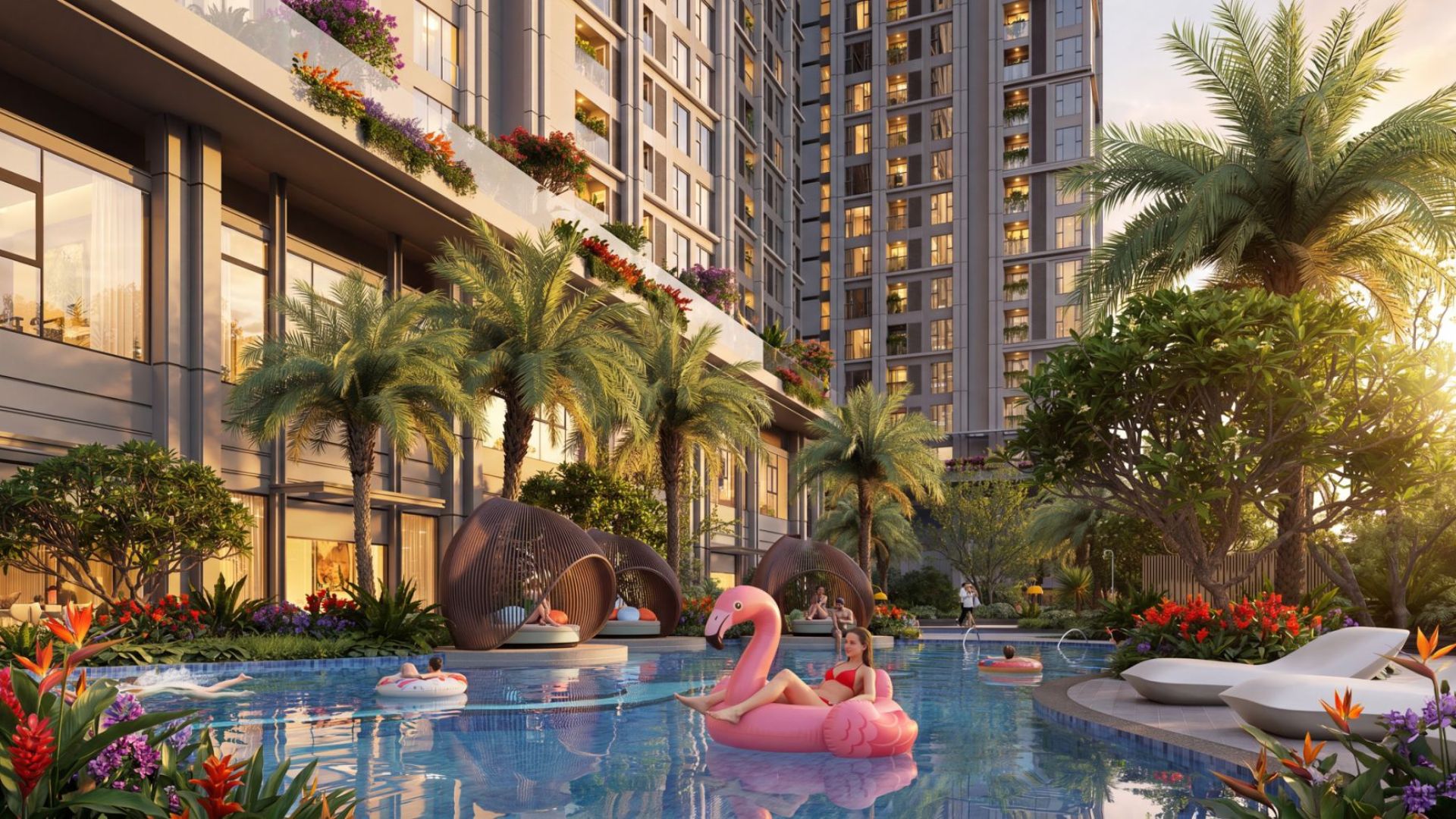 Không gian thư giãn lounge và ghế tắm nắng phong cách resort tại Beachtro Tower